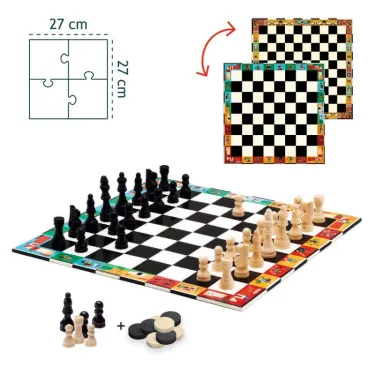 Jeu d'échecs et dames DJECO DJO5225 : plateau 27 cm, livré avec des pions de jeux noirs et blancs, décoration colorée du plateau recto/verso.
