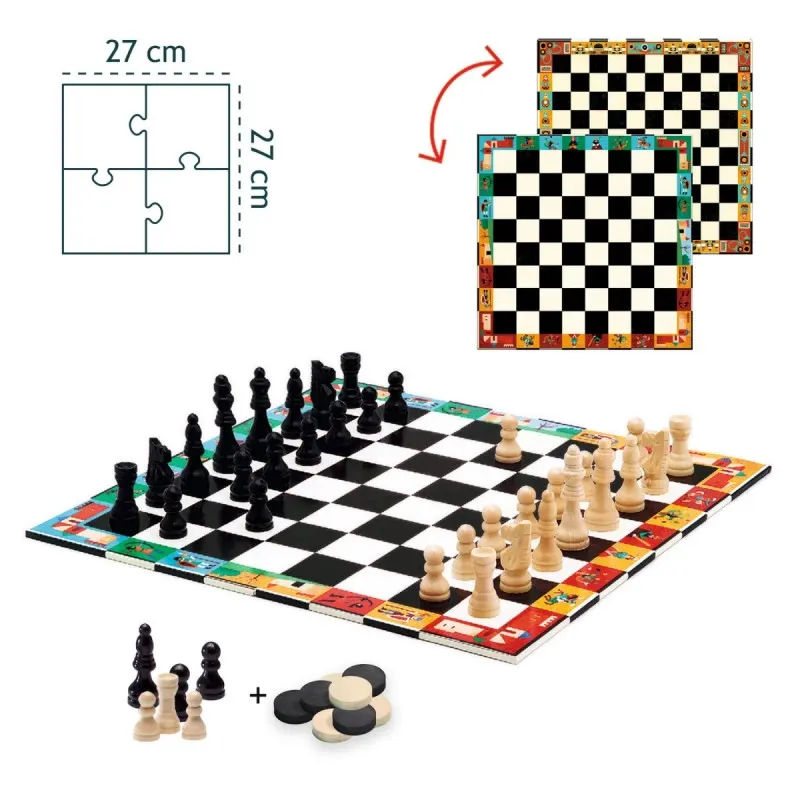 Jeu d'échecs et dames DJECO DJO5225 : plateau 27 cm, livré avec des pions de jeux noirs et blancs, décoration colorée du plateau recto/verso.