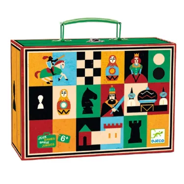 Boîte en carton colorée du jeu d’échecs et dames DJECO DJO5225, avec poignée verte et motifs géométriques et royaux.