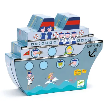 Naviplouf jeu de bataille navale magnétique DJECO 5270: bateau magnétique coloré avec voyageurs et marins dessinés, décor océan et drapeaux.
