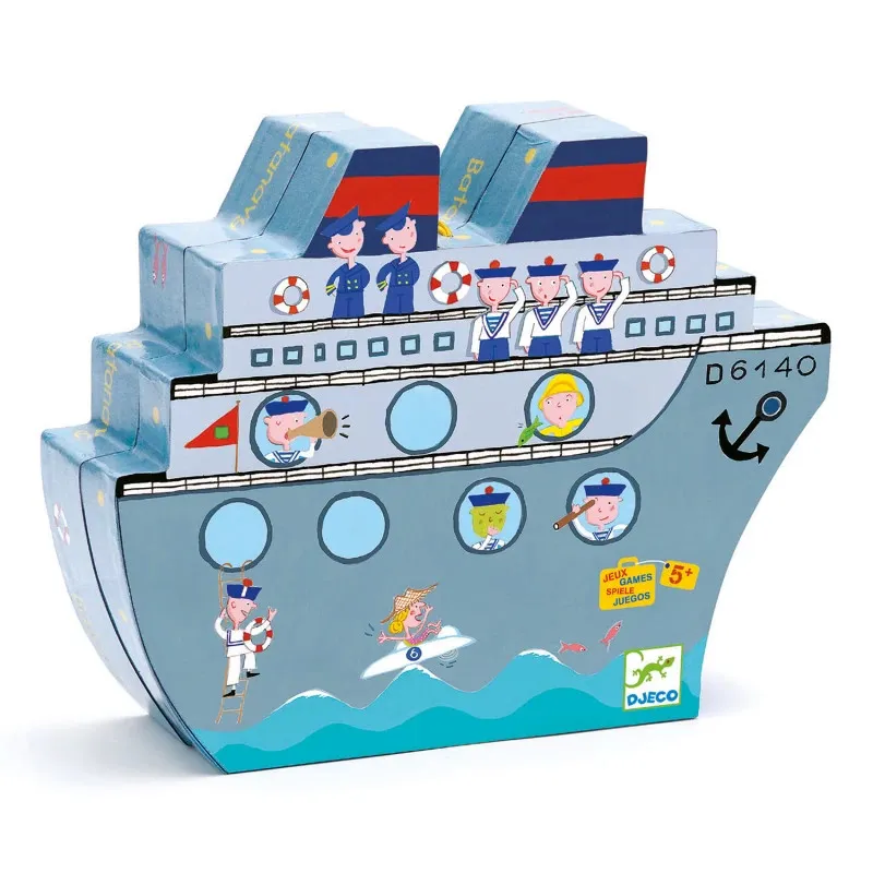 Naviplouf jeu de bataille navale magnétique DJECO 5270: bateau magnétique coloré avec voyageurs et marins dessinés, décor océan et drapeaux.