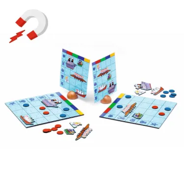 Naviplouf jeu de bataille navale magnétique, DJECO 5270: plateau, cartes et pièces colorées prêt à jouer.