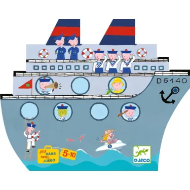 Naviplouf: jeu de bataille navale magnétique par Djeco 5270, bateau illustré avec marins et passagers, rugueux décor coloré.