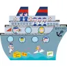 Naviplouf: jeu de bataille navale magnétique par Djeco 5270, bateau illustré avec marins et passagers, rugueux décor coloré.