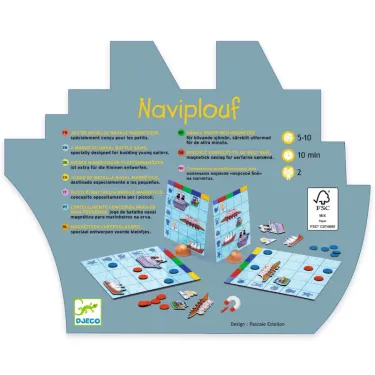 Naviplouf jeu de bataille navale magnétique DJECO 5270 : vue arrière de la boîte bleue, avec cartes et pions magnétiques pour jeunes marins.