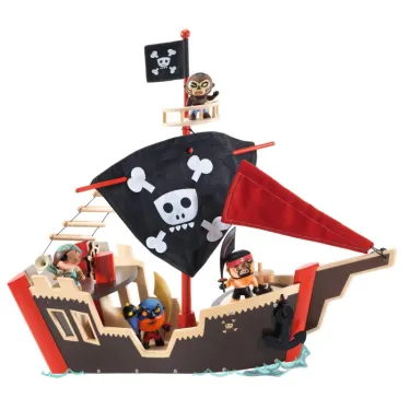 Bateau pirate Arty Toys Djeco avec voile rouge et noire ,pavillon de pirates, figurines aventurières à bord, mer bleue simulée.