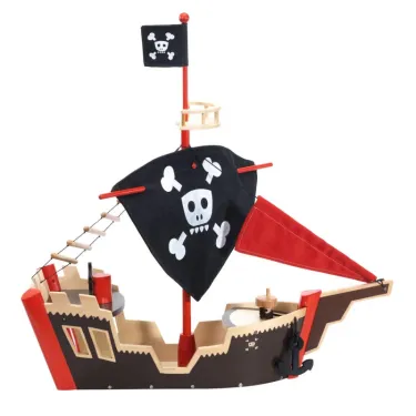Bateau pirate Arty Toys Djeco : navire en bois avec voile noire à skull, cordages et pavillon, accessoire d’aventure pour enfants à partir de 4 ans.