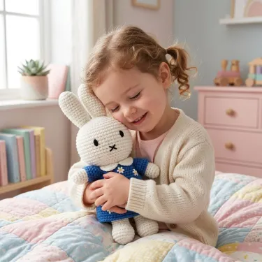Petite fille souriante serrant une peluche crochetée Miffy en bleu, assise sur un lit coloré avec robe bleue à fleurs.