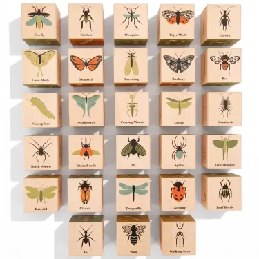 Set de cubes en bois imprimés de diverses espèces d’insectes, cubes Uncle Goose « Cubes insectes ».