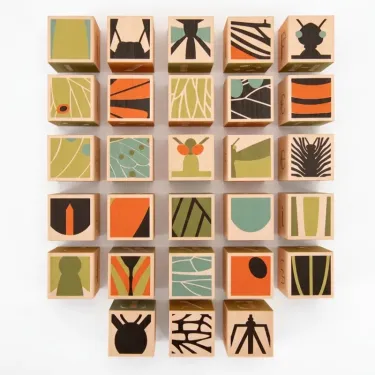 Bloc‑cubes en bois affichant des motifs d’insectes et de nature, jeu “Cubes insectes Uncle Goose” posé en grille.
