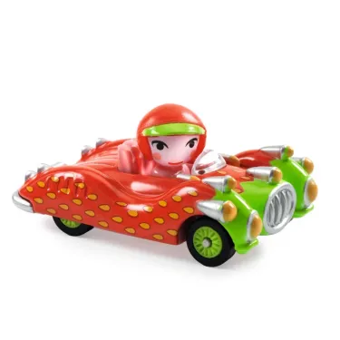 Voiture jouet colorée avec pilote Mme Lady Berry dans un véhicule racer rouge et vert, motif à pois jaunes.