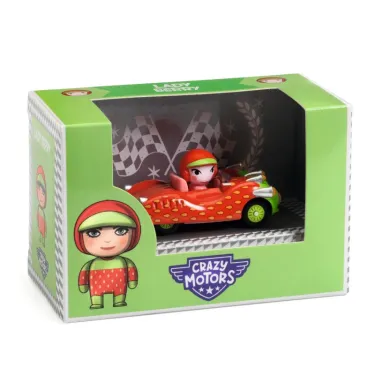 Voiture rouge décorée pour Crazy Motors, figurine féminine dans le véhicule, packaging vert avec logo Crazy Motors et fenêtre frontale.