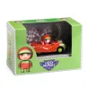 Voiture rouge décorée pour Crazy Motors, figurine féminine dans le véhicule, packaging vert avec logo Crazy Motors et fenêtre frontale.
