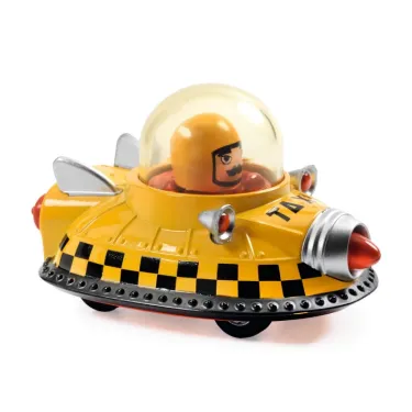 Voiture miniatures Space Taxi Crazy Motors DJECO 5451 jaune en forme de soucoupe, avec pilote dans un cockpit transparent.