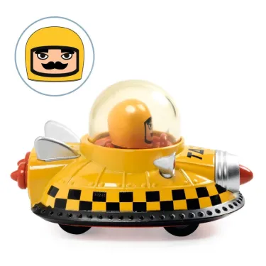 Taxi spatial jaune avec pilote moustachu dans une capsule transparente, design UFO inspiré Space Taxi.