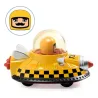 Taxi spatial jaune avec pilote moustachu dans une capsule transparente, design UFO inspiré Space Taxi.