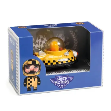Mini voiture spatiale jaune dans boîte Bleu, modèle Space Taxi Crazy Motors DJECO 5451, visible à travers une fenêtre.