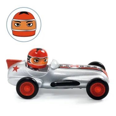 Voiture miniature Silver Super Speed avec pilote DJECO 5453, modèle de course argenté et rouge.