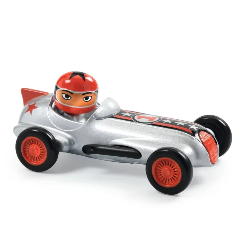 Voiture miniature argentée Silver Super Speed avec pilote rouge, design de course rétro et roues noires à rayons rouges.