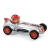 Voiture miniature argentée Silver Super Speed avec pilote rouge, design de course rétro et roues noires à rayons rouges.
