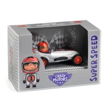 Voiture miniature Silver Super Speed Crazy Motors DJECO 5453 en boîte, avec pilote rouge et logo Crazy Motors sur le devant.