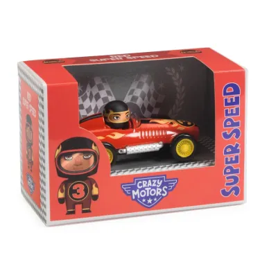 Voiture rouge de course miniature avec pilote noir dans une boîte rouge « Crazy Motors » et logo Super Speed.