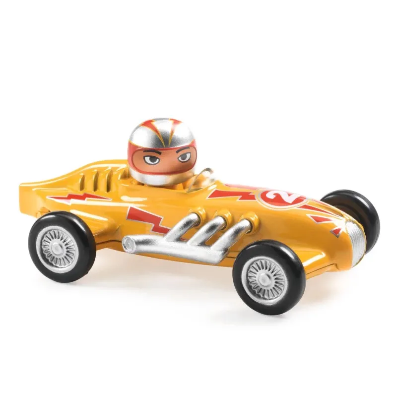 Voiture miniature jaune Crazy Motors DJECO avec pilote, design de course rétro et échappement argenté.