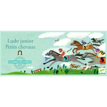 Jeu des petits chevaux junior DJECO 5238: boîte illustrée avec chevaux de course colorés et cavaliers, décor champêtre et logo Djeco