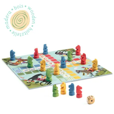 Plateau de jeu « Jeu des petits chevaux junior DJECO 5238 » avec pions multicolores et dé, sur fond illustré de cavaliers et motifs colorés.