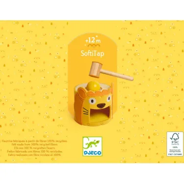 SoftiTap Jeu de tap-tap DJECO 6490 : jeu de percussion jaune avec marteau et accessoire lion sur socle, logo DJECO.