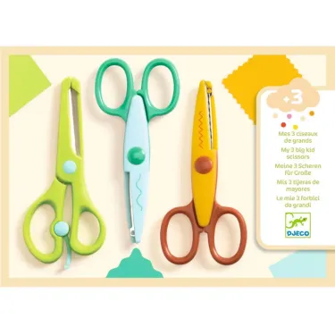 Mes 3 ciseaux de grands DJECO 0966: jeux de ciseaux colorés pour enfants, montrant trois modèles verts, bleu et marron.