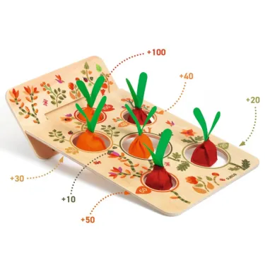 Jeu de lancer de sacs "Garden Party" DJECO 2076 : planche en bois avec six trous et sacs colorés, feuilles et motifs floraux.