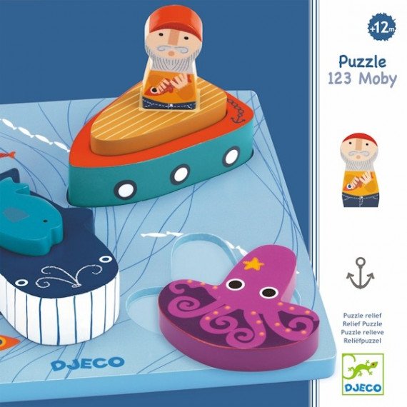 "1, 2, 3 MOBY" Puzzle relief en bois DJECO 1046 "1, 2, 3 MOBY" Puzzle relief en bois DJECO 1046