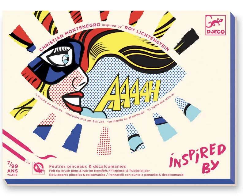 Affiche colorée de Djeco « Inspired by » montrant une tête stylisée de femme en style pop art, avec des bandes et éclats multicolores autour et le texte « AAHH » au centre. Affiche colorée de Djeco « Inspired by » montrant une tête stylisée de femme en style pop art, avec des bandes et éclats multicolores autour et le texte « AAHH » au centre.