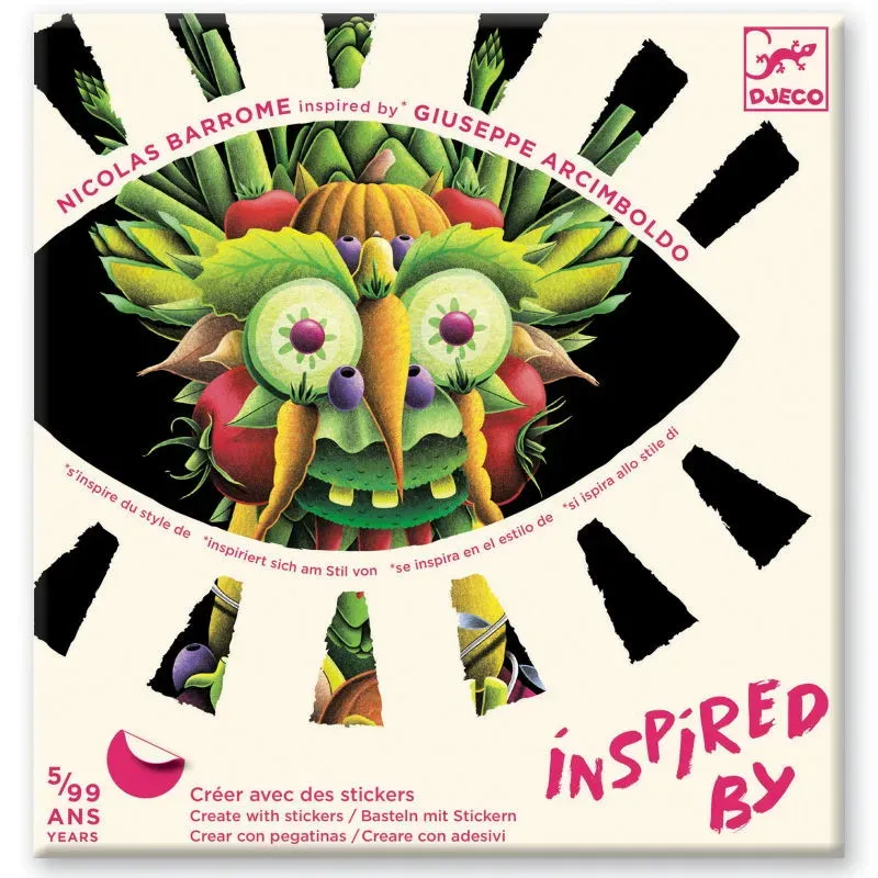 Affiche colorée montrant un visage animal stylisé composé de fruits et légumes, with des textures collage; texte « Inspired by » et logos DJECO; invitation à créer avec des stickers.
