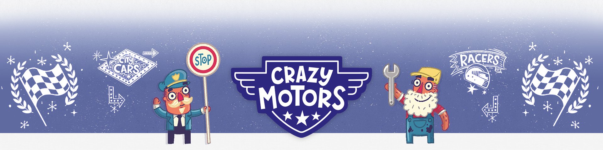 Bandes illustrées bleu avec personnages et logo « Crazy Motors », station de service et drapeaux en coin, ambiance karting.
