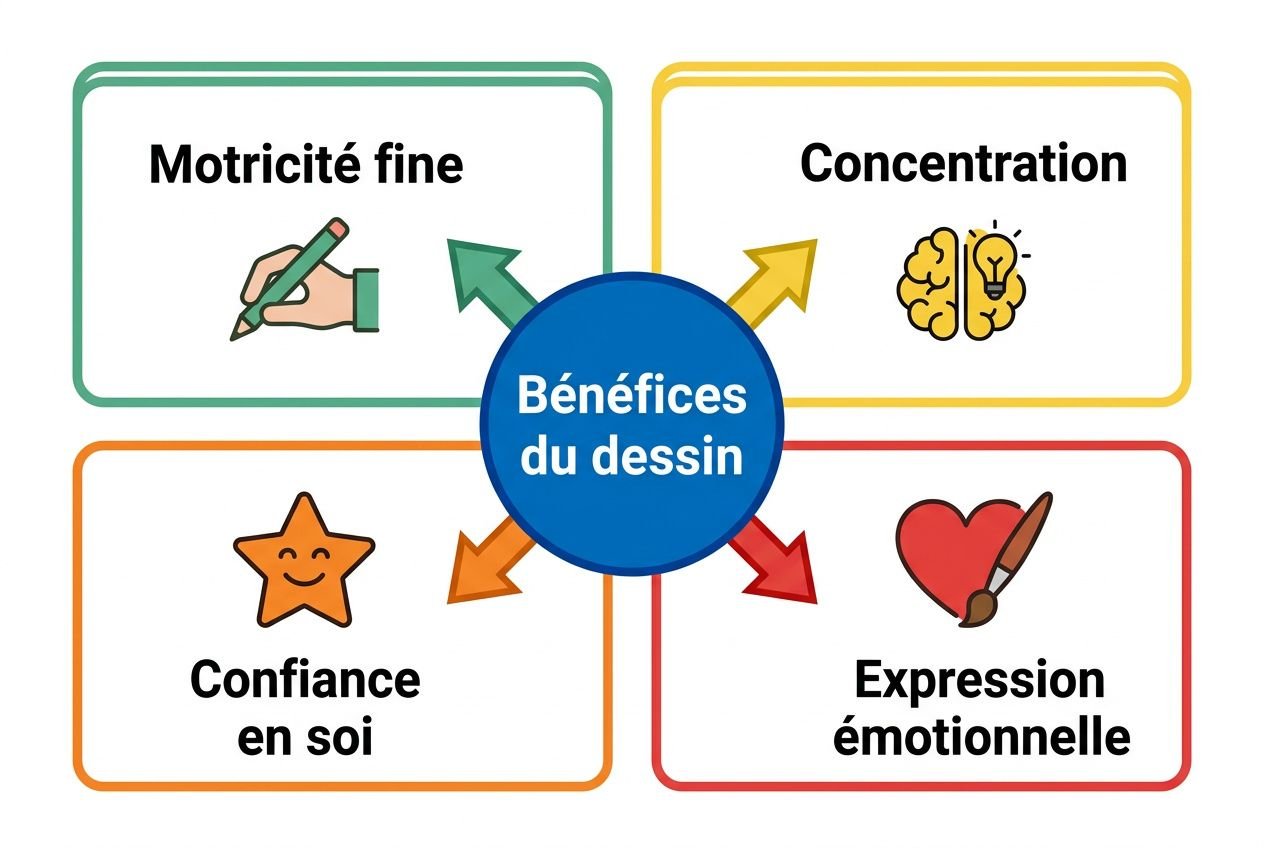 Bénéfices du dessin au centre avec quatre cases : motricité fine, concentration, confiance en soi et expression émotionnelle autour d’un cercle bleu.