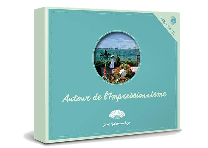 Boîte cadeau du jeu "Autour de l'Impressionnisme" de Jeux Sylvie de Soe, motif bleu pastel avec fenêtre circulaire montrant une scène impressionniste.