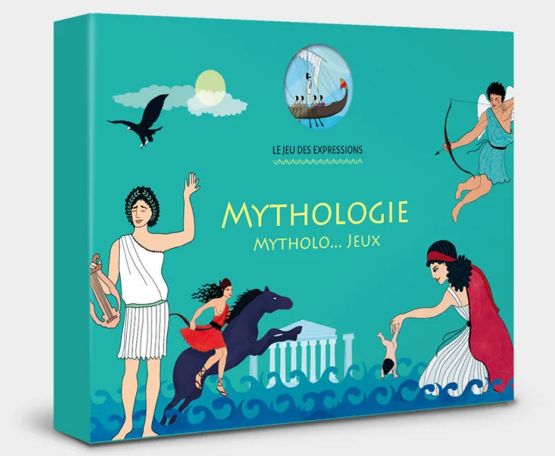 Boîte de jeu Mythologie « Mythologie… jeux », illustration bleu‑turquoise avec des personnages antiques et un cheval; intitulé LE JEU DES EXPRESSIONS au centre.