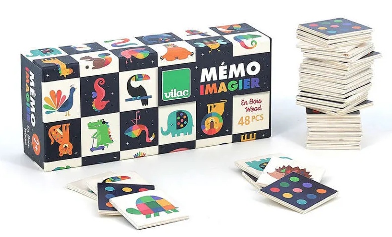 Boîte de jeux de mémoire “Mémo Imagier” Vilac avec 48 pièces, dessins colorés et floppés, piles de cartes multimondes. Boîte de jeux de mémoire “Mémo Imagier” Vilac avec 48 pièces, dessins colorés et floppés, piles de cartes multimondes.