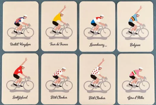 Cartes illustrées de cyclistes en maillot coloré, chacune représentant un pays ou une course sur fond clair. Cartes illustrées de cyclistes en maillot coloré, chacune représentant un pays ou une course sur fond clair.