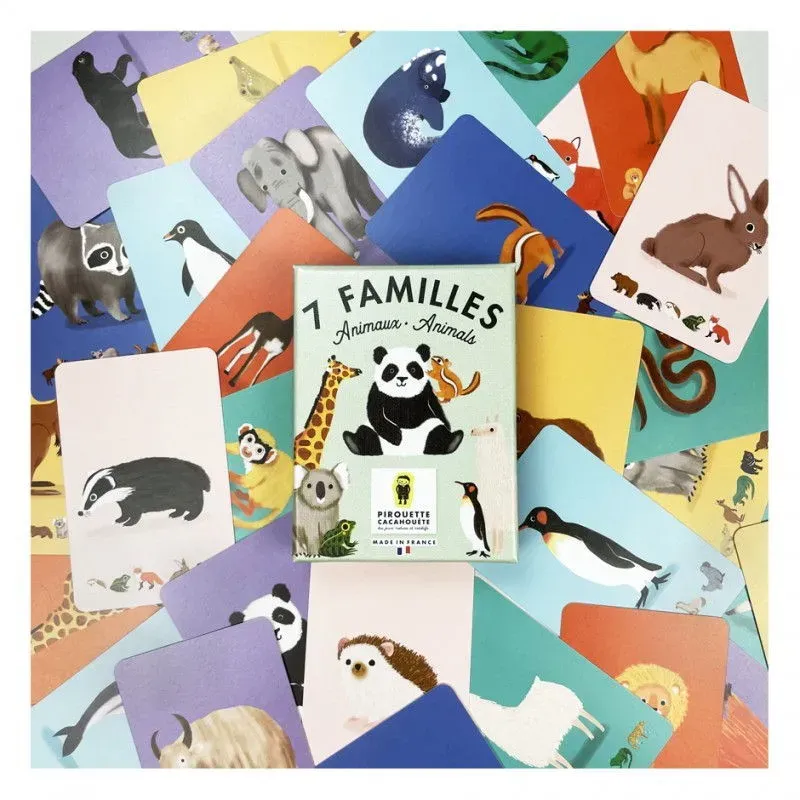 Cartes illustrées multicolores avec animaux, au centre boîte “1 Familles Animaux” représentant un panda, entourées de cartes animaux variés.
