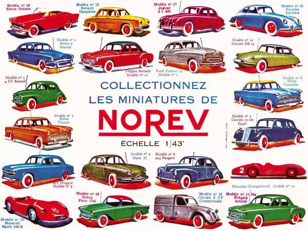 Collectionnez les miniatures Norev en face de voitures anciennes alignées sur fond blanc, avec texte central “COLLECTIONNEZ LES MINIATURES DE NOREV” et échelle 1/43. Collectionnez les miniatures Norev en face de voitures anciennes alignées sur fond blanc, avec texte central “COLLECTIONNEZ LES MINIATURES DE NOREV” et échelle 1/43.