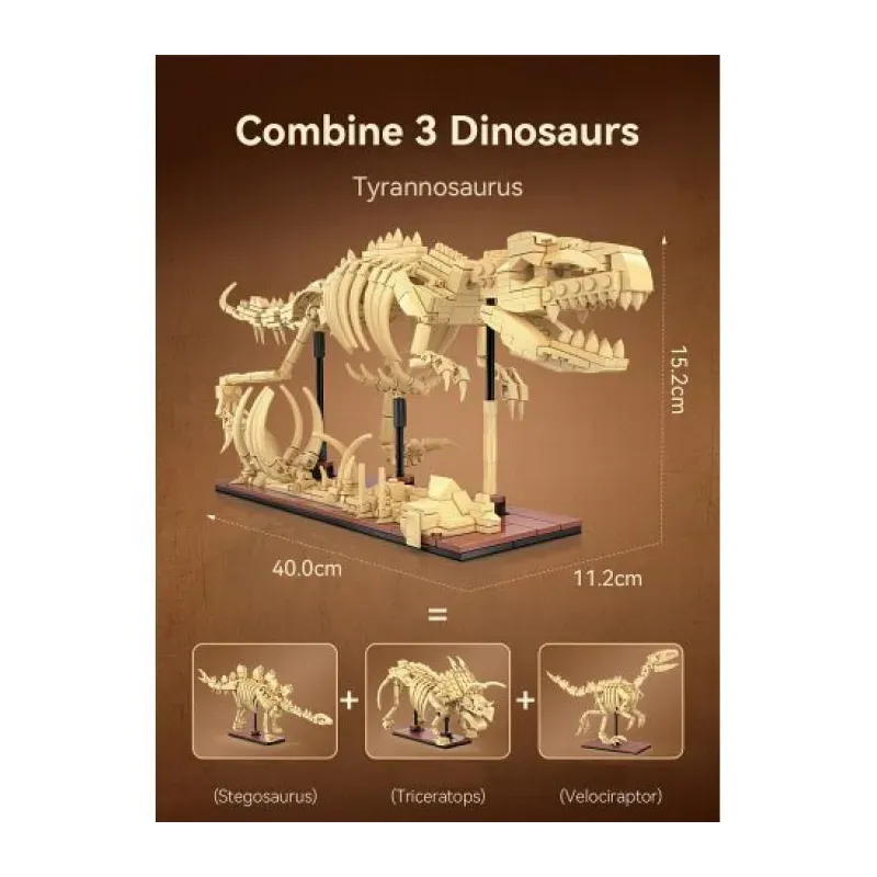 Combine 3 dinosaures Tyrannosaurus, modèle en bois, avec dimensions 40x11,2x15,2 cm et supports affichés. Dans l’ensemble, figure un Stégosaure, un Tricératops et un Vélociraptor.