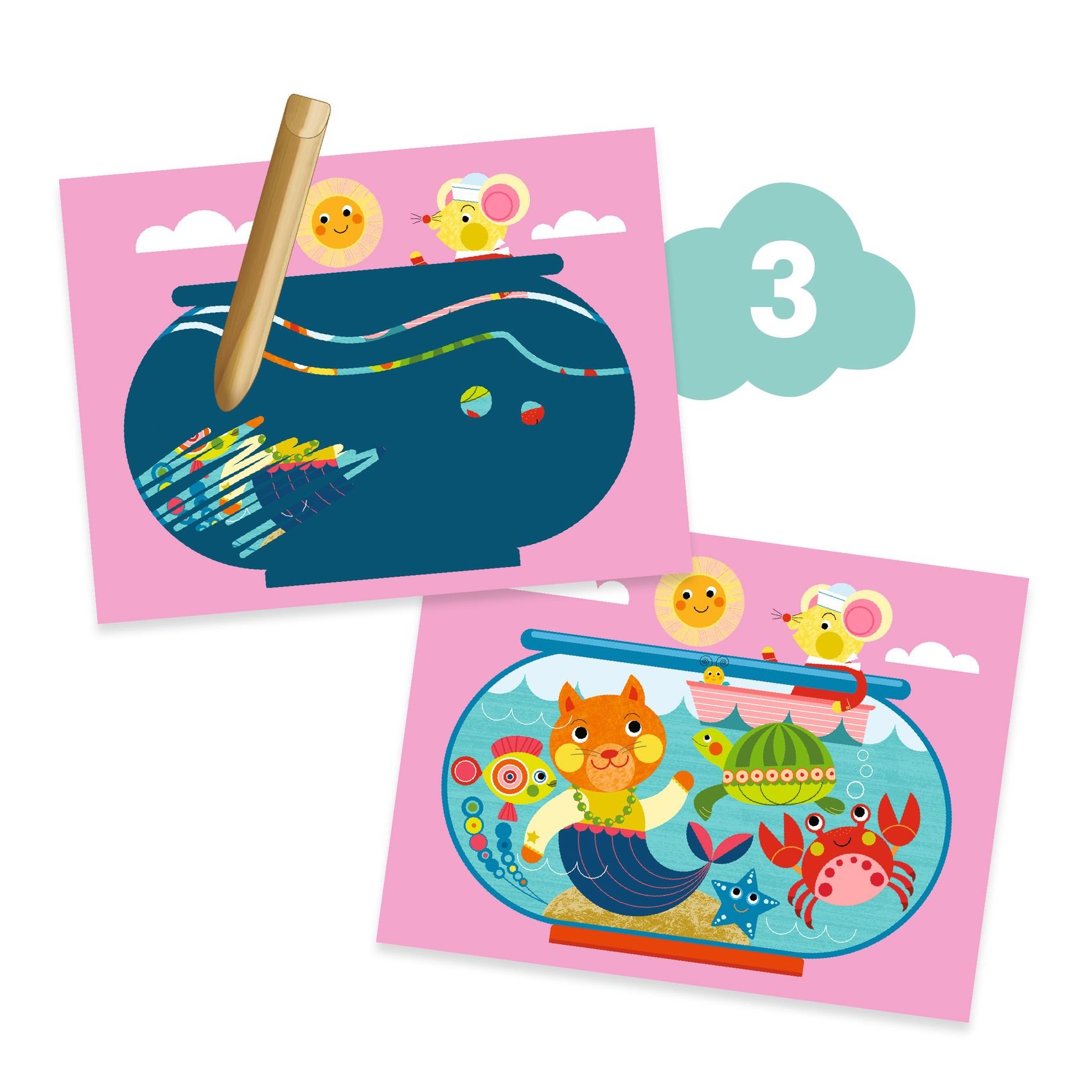 Deux cartes illustrées pour enfants sur fond rose: une est une marmite violette avec crayon au-dessus, et l’autre montre un aquarium coloré avec des animaux marins et un chat pirate.