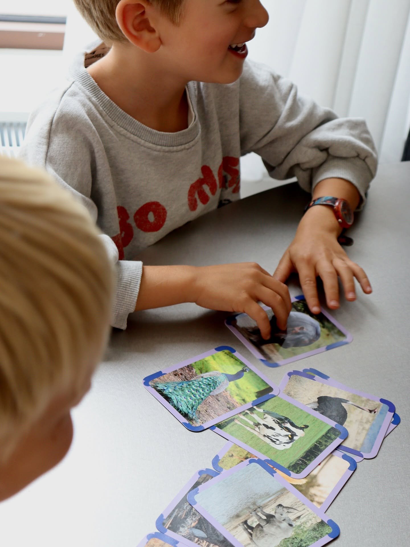 Deux enfants qui jouent avec des cartes illustrées de photos d'animaux posées sur une table, l’un souriant en arrière-plan.