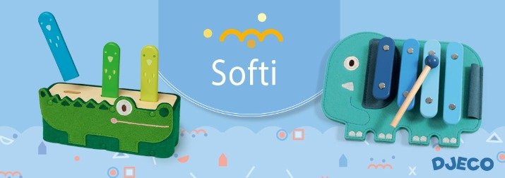 Deux jouets éducatifs en bois colorés sur fond bleu: jeu pop-up en forme de crocodile et xylophone éléphant, avec le logo Softi et DJECO. Deux jouets éducatifs en bois colorés sur fond bleu: jeu pop-up en forme de crocodile et xylophone éléphant, avec le logo Softi et DJECO.
