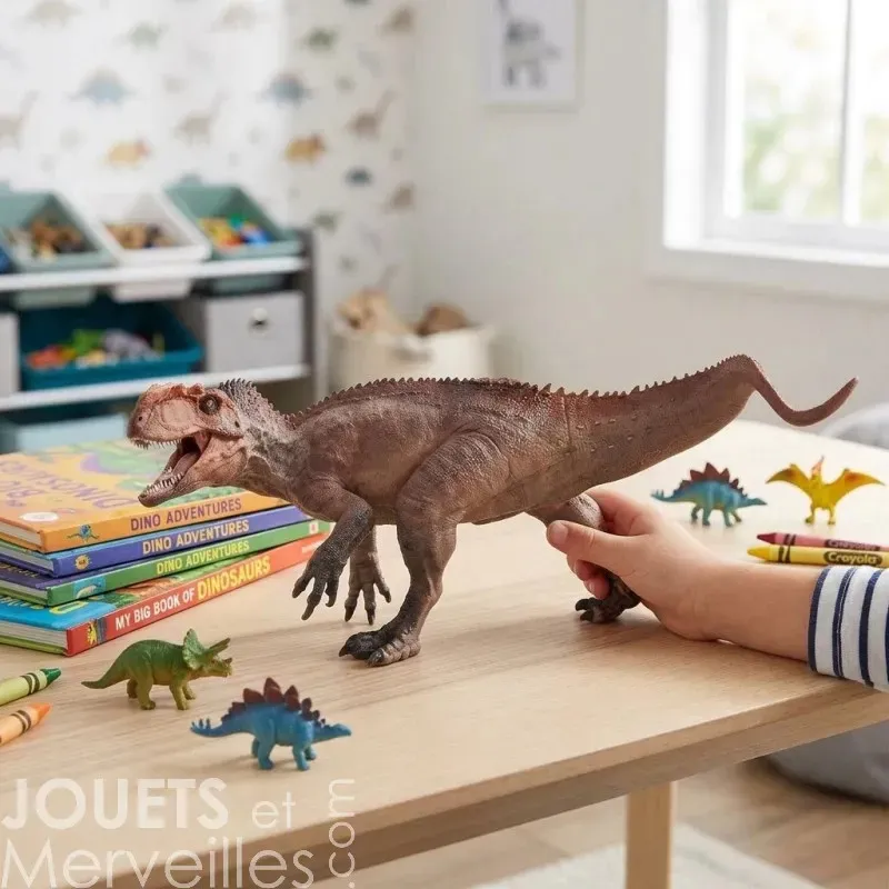 Dinosaure articulé sur une table, entouré de livres et de figurines miniatures dans une chambre de jeu.