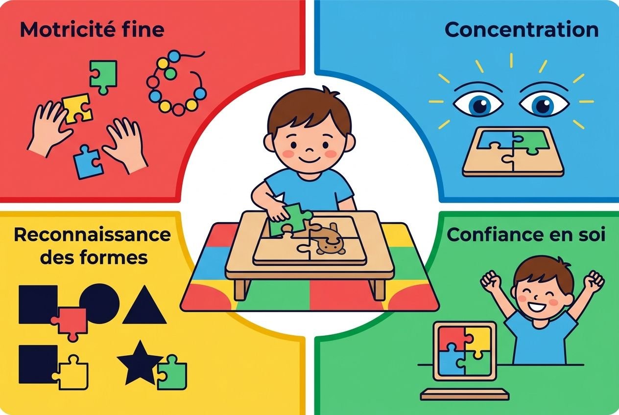 Enfant apprenant à assembler un puzzle de bois sur une table colorée, entouré de sections illustrées: motricité fine, concentration, reconnaissance des formes et confiance en soi.