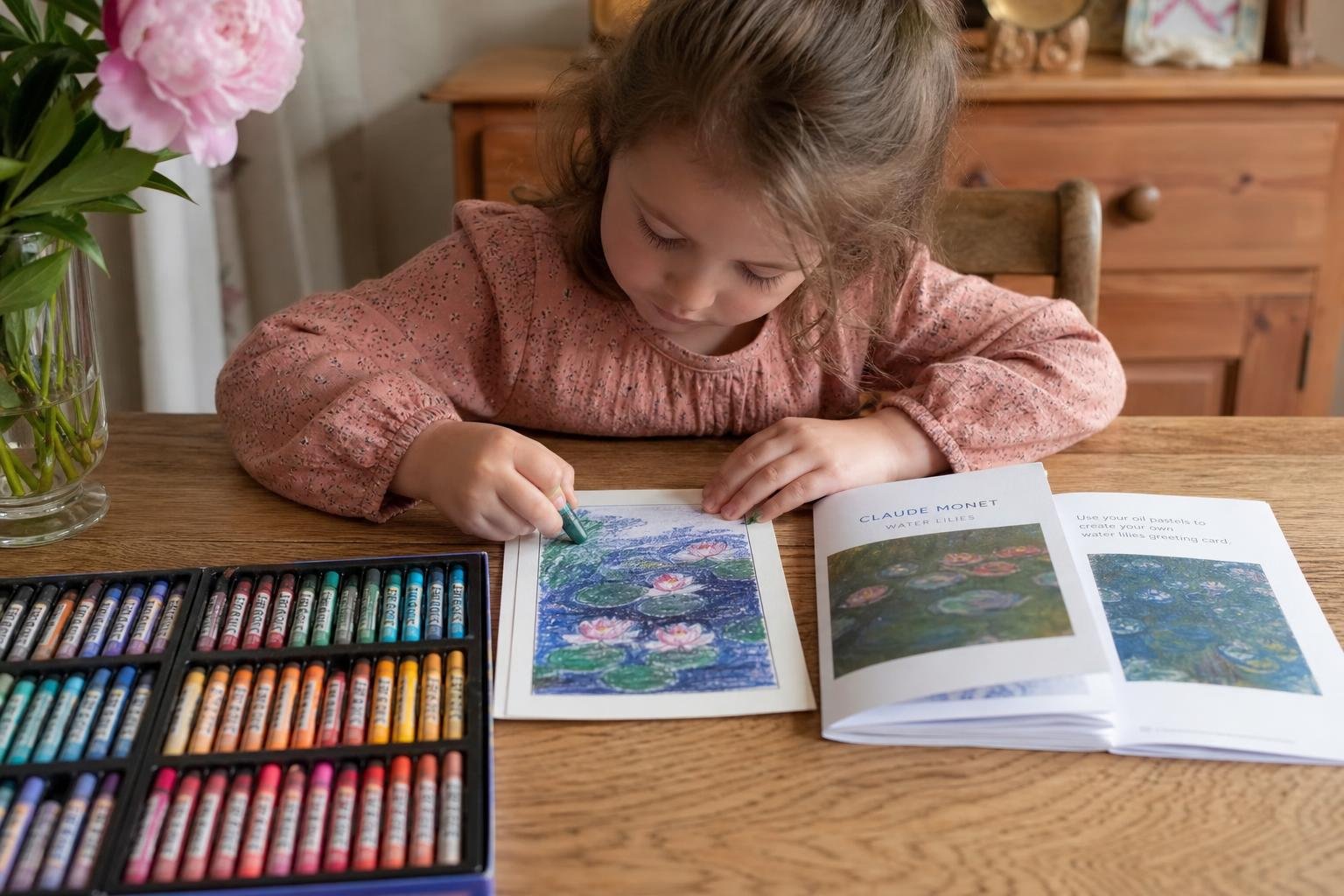 Enfant dessinant des fleurs colorées avec des pastels, livre ouvert à côté, ambiance familiale et créative pour découvrir culture enfants.